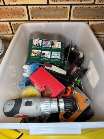 Box of assorted tools and office items