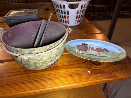 Cooking pot and tray painted by Shirley A Cole