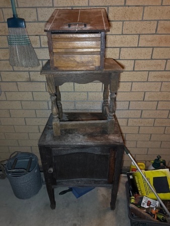 Vintage wooden cabinet, stool, and shoe polishing box