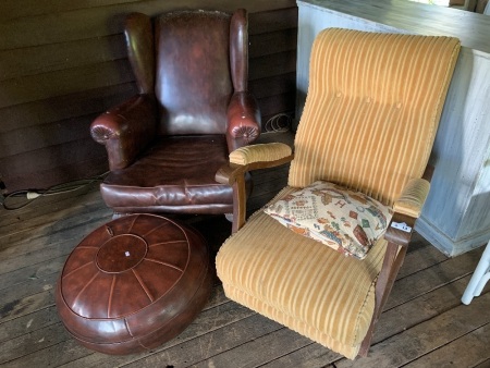 Vintage Upholstered Armchair, Wingback Chair & Pouffe