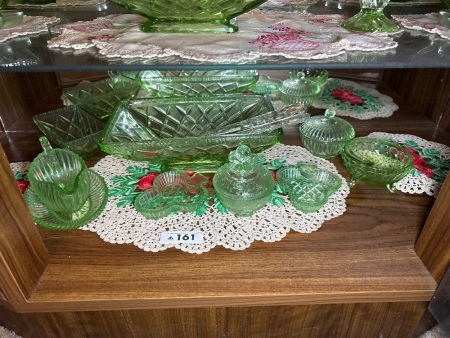 Shelf lot of green depression glass pieces