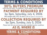 TERMS & CONDITIONS ADDITIONAL FEES: Buyers premium - 20% (inc) unless otherwise stated, Online bidding fee - 1.65% (inc) | PAYMENT : Deadline: 3pm, Saturday 4th July | Payment methods: Cash, EFT, Card (2.2% fee on card payments) COLLECTION & SHIPPING | 
