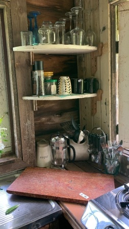 All Remaining Kitchenware in Cabin inc. Crockery, Glasses, Gas Stove, Chopping Board etc