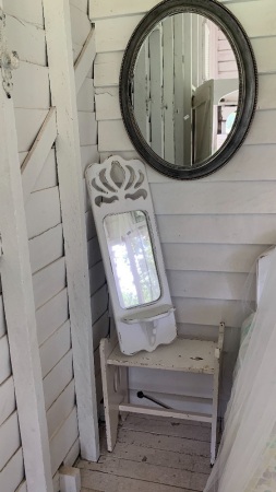 Vintage Bedside Stool, Shabby Wall Mirror + Round Wall Mirror As Is