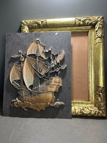 Large Gold Frame and Ship Wall Artwork