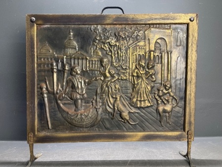 Vintage Copper Fire Screen with Embossed Italian Town