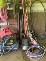 Asstd Lot inc. Compressor, Fuel Cans, Fishing Rods, Archery Bow, Golf Clubs etc