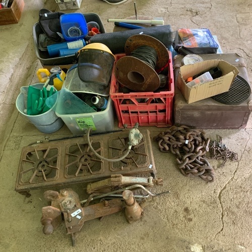 Asstd Lot inc. Heavy Towbar, 3 Ring Gas Burner, Pipe Fittings etc