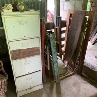 Vintage Timber Filing Cabinet, Deck Chair Frame, Airer, Basins etc