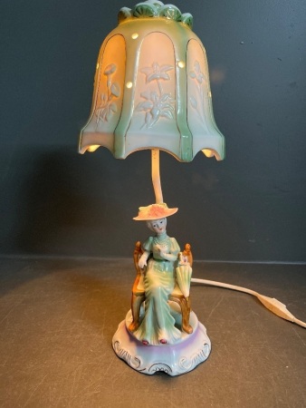 Vintage Porcelain Lamp Lady on Seat in Working Order