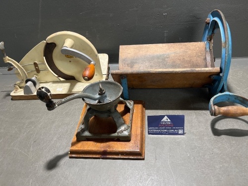 Antique Bread Cutter Raadvad with Culnoy Slicer and Coffee Grinder