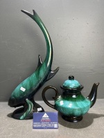 Blue Mountain Pottery Teapot including Fish Sculpture