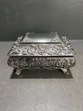 Vintage Ornate Silver Plated Footed Jewellery Box