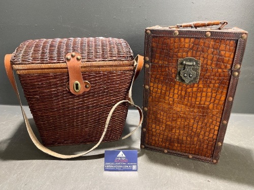 Cane Basket with Picnic Set and Snakeskin Design Wooden Wine Carrier