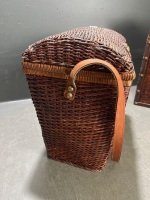 Cane Basket with Picnic Set and Snakeskin Design Wooden Wine Carrier - 8