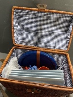Cane Basket with Picnic Set and Snakeskin Design Wooden Wine Carrier - 11