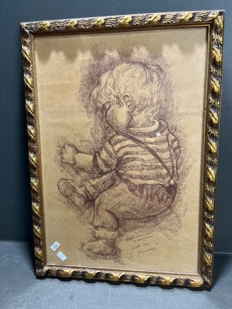 Framed Reproduction Drawing 1970 LL. Bambino by Spang Olsen feat. Sleeping Child