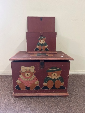 2 x Vintage Wooden Toy Chest with Teddy Bear Artwork