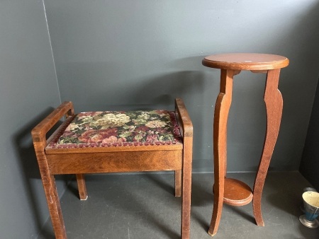 Vintage Silky Oak Piano Stool and Plant Stand