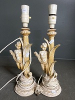 Mid Century Twin Cherub Featured Porcelain Lamps