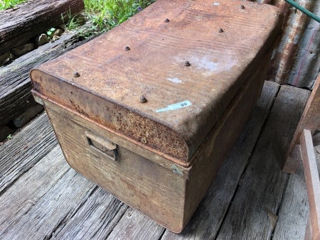 Vintage Metal Trunk + Egg Basket, Bread & Bean Slicers Etc