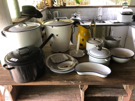 Large Qty of Vintage Enamel Kitchenware inc. Bread Bin, Pail, Jug etc