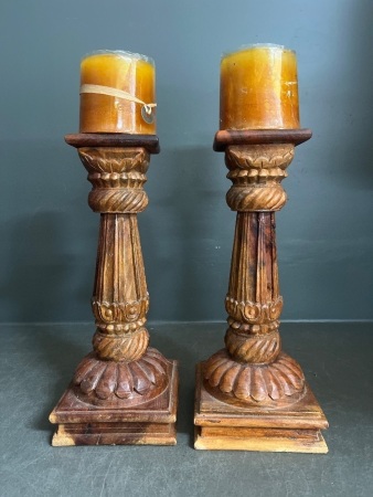 Pair of Carved Wooden Candle Holders
