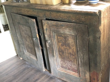 Antique Pine Sideboard / Cupboard with outlines of Original Folk Art Painting