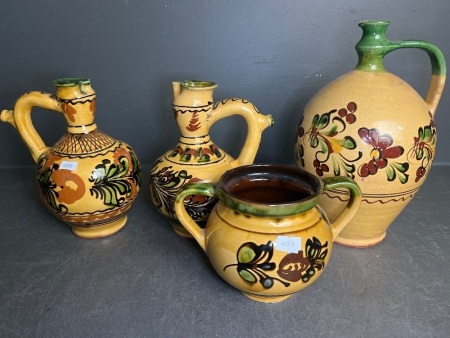 3 x Traditional Hand-Painted Hungarian-Style Water Jugs and One Jar