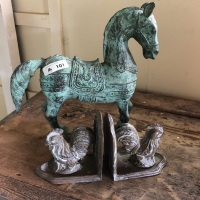 Pair of Brass Animal Bookends + Bronzed Horse - Tail needs slight repair