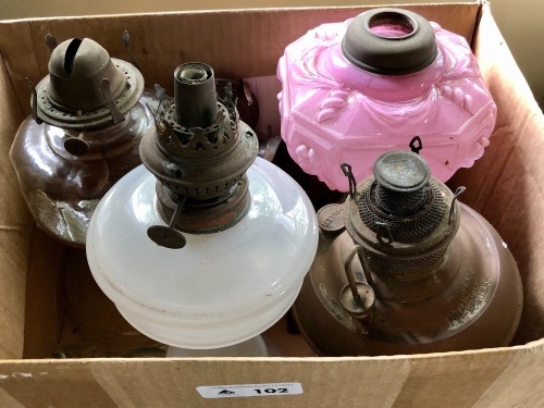 4 Antique Kero Lamp Bases inc. Pink Glass, Vaseline Glass, Brass etc.