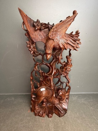 Carved Wooden Statue with Eagle and Tiger