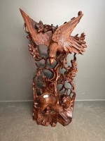 Carved Wooden Statue with Eagle and Tiger