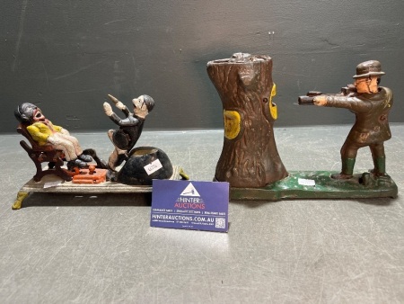 Cast Iron Teddy and the Bear Mechanical Bank Mid-Century and Dentist and Patient Coin Bank