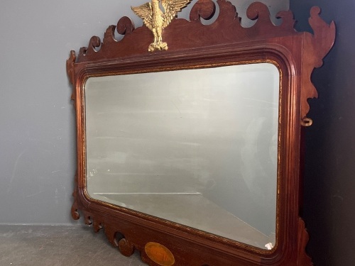 Antique Wall Mirror with Carved Mahogany Wood Frame and Gilded Eagle Ornament