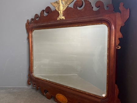 Antique Wall Mirror with Carved Mahogany Wood Frame and Gilded Eagle Ornament