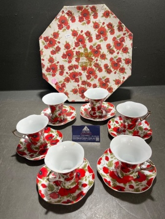 Milano Collection Tea Set 24K Gold Trimmed Porcelain Poppy Design
