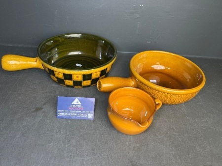 Two Landert 20 Ceramic Fondue Pots with Traditional Handmade Glazed Small Jug