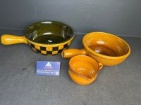 Two Landert 20 Ceramic Fondue Pots with Traditional Handmade Glazed Small Jug