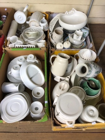 Asstd Lot 4 Boxes of Ceramics, inc B/W China, White Dinner Set etc