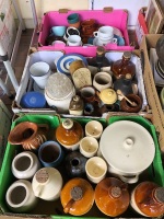 Asstd Lot 3 boxes inc, Lot of Pottery Decanters, Kitchenware etc