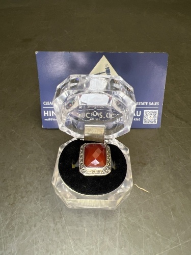 Art Deco Sterling Silver Ring - Orange Carnelian Square Stone