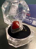 Art Deco Sterling Silver Ring - Orange Carnelian Square Stone - 4