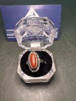 Art Deco Sterling Silver Ring - Orange Carnelian Round Setting