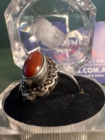 Art Deco Sterling Silver Ring - Orange Carnelian Round Setting - 2