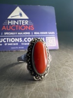 Art Deco Sterling Silver Ring - Orange Carnelian Round Setting - 4