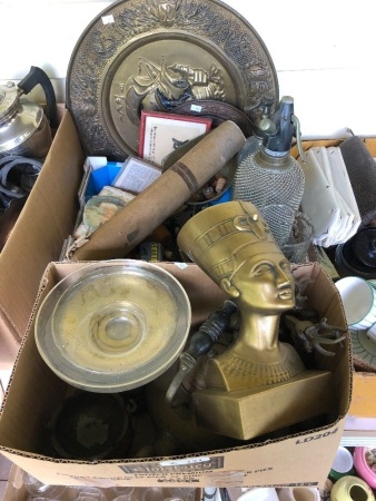 Asstd Lot - 2 Boxes of Vintage Brass & Copper inc, Kettle & Trays + Scales & Weights