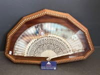 Antique French Silk Hand Painted Fan in Wooden Frame