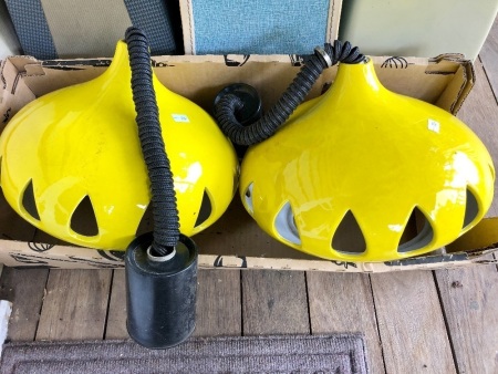 2 x Mid Century Bright Yellow Pottery Extendable Lighting Pendants