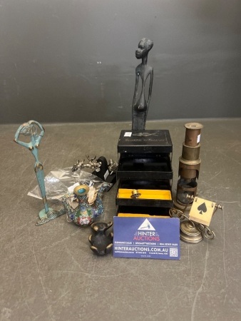 Lot of Small Metalware Inc Brass Microscope - Fly Tying Kit - Fly Storage Box